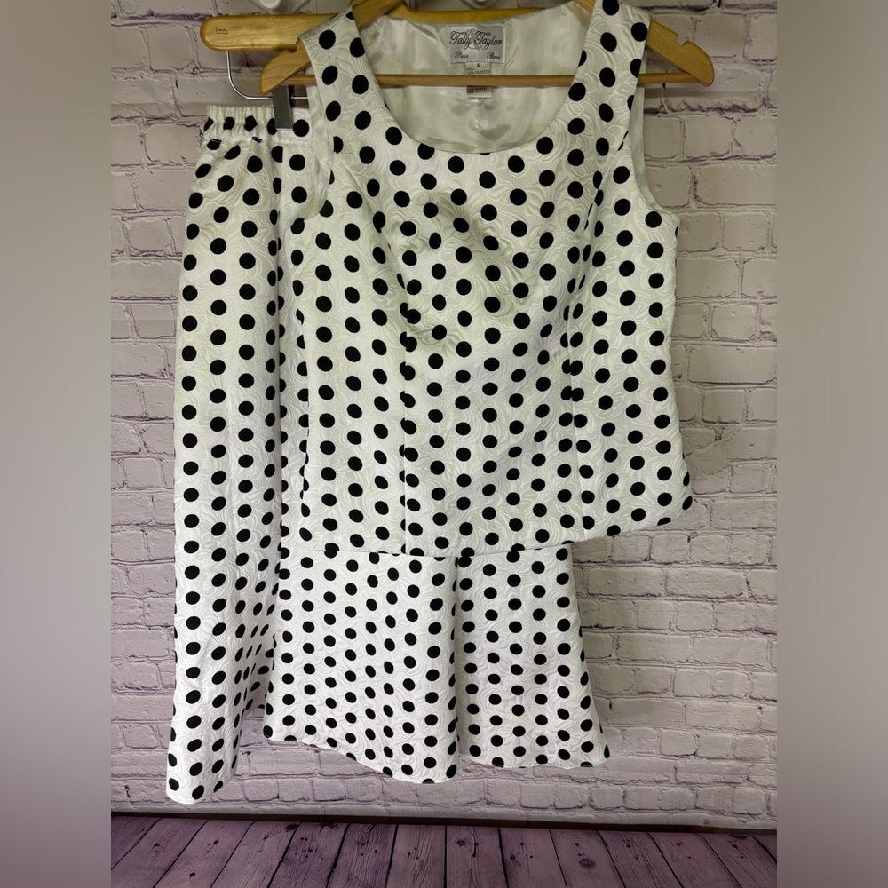 Tally Taylor Sleeveless Lined Two Piece White Black Polka Dots Midi Dress Size 8